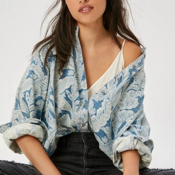 Antropologie Corduroy Paisely Blue and White Pattern Button Down Chore Shirt - Picture 1 of 9